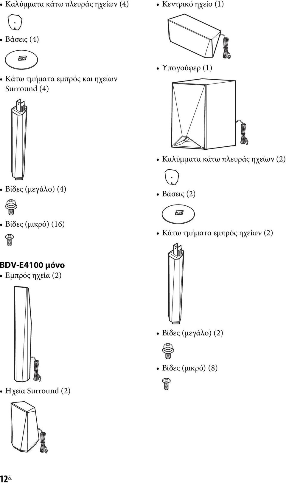 Βίδες (μεγάλο) (4) Βάσεις (2) Βίδες (μικρό) (16) Κάτω τμήματα εμπρός ηχείων (2)