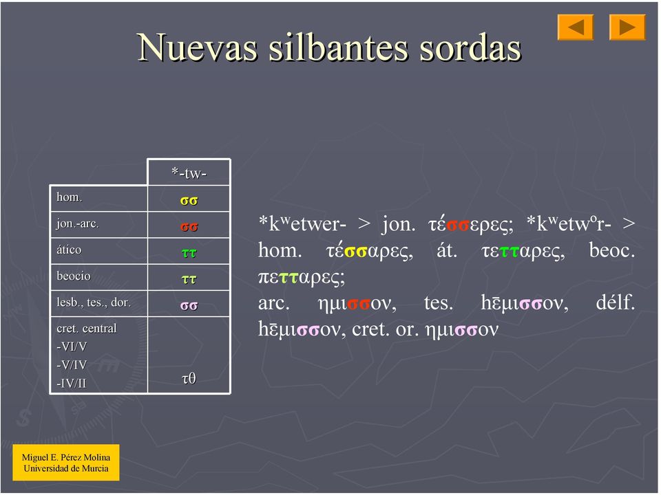 . central -VI/V -V/ V/IV -IV/IIII *-tw- τθ *k w etwer- > jon.