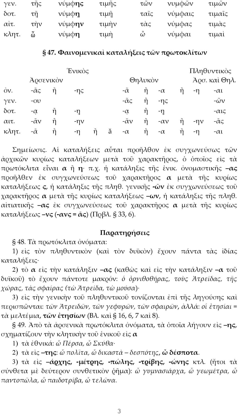 -ᾶ ἢ -η ἢ ă -α ἢ -α ἢ -η -αι Σημείωσις. Αἱ καταλήξεις αὗται προῆλθον ἐκ συγχωνεύσως τῶν ἀρχικῶν κυρίως καταλήξεων μετὰ τοῦ χαρακτῆρος, ὁ ὁποῖος εἰς τὰ πρωτόκλιτα εἶναι α ἢ η π.χ. ἡ κατάληξις τῆς ἑνικ.