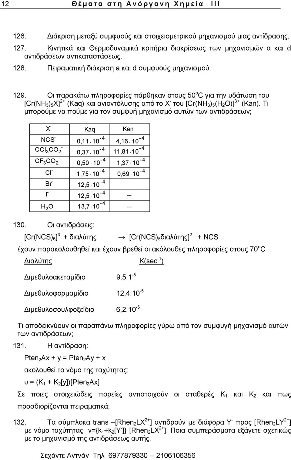 Οη παξαθάησ πιεξνθνξίεο πάξζεθαλ ζηνπο 50 ν C γηα ηελ πδάησζε ηνπ [Cr(NH 3 ) 5 X] 2+ (Kaq) θαη αληνληφιπζεο απφ ην Υ - ηνπ [Cr(NH 3 ) 5 (H 2 O)] 3+ (Kan).