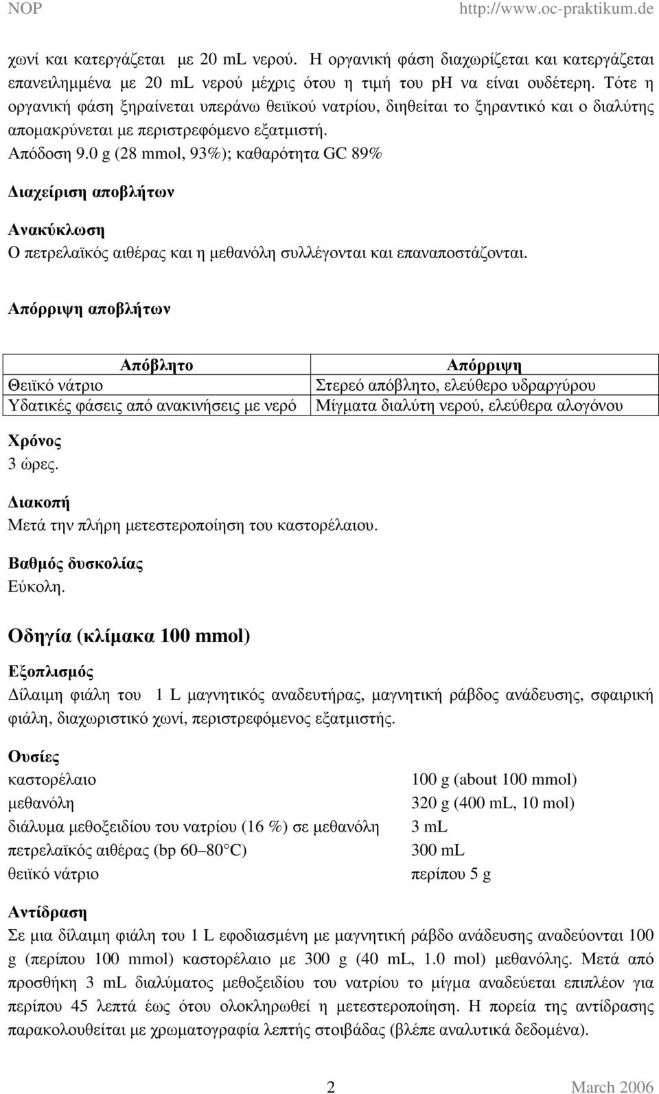 0 g (28 mmol, 93%); καθαρότητα GC 89% ιαχείριση αποβλήτων Ανακύκλωση Ο πετρελαϊκός αιθέρας και η µεθανόλη συλλέγονται και επαναποστάζονται.