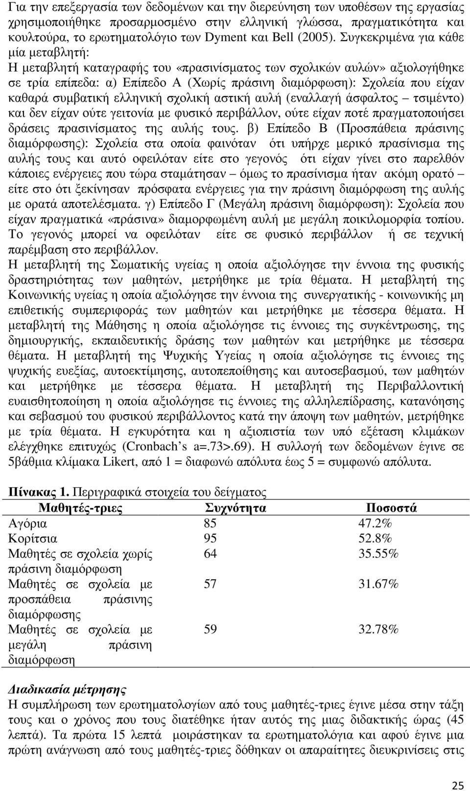 Συγκεκριµένα για κάθε µία µεταβλητή: Η µεταβλητή καταγραφής του «πρασινίσµατος των σχολικών αυλών» αξιολογήθηκε σε τρία επίπεδα: α) Επίπεδο Α ( πράσινη διαµόρφωση): Σχολεία που είχαν καθαρά συµβατική