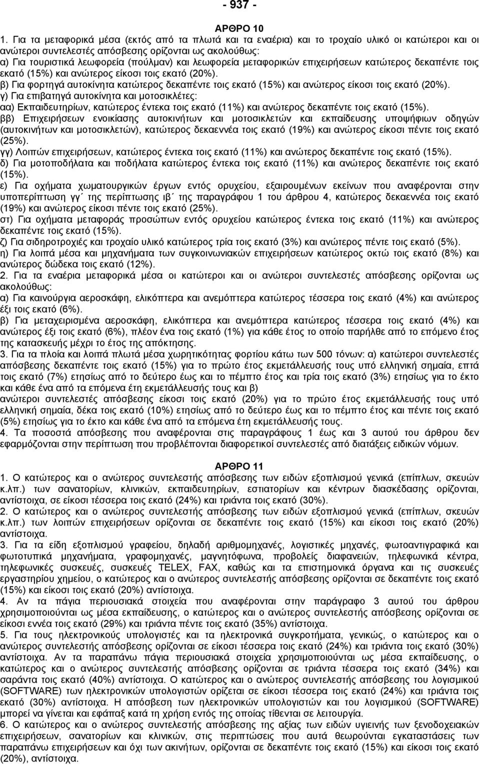 τοις εκατό (15%) και ανώτερος είκοσι τοις εκατό (20%). β) Για φορτηγά αυτοκίνητα κατώτερος δεκαπέντε τοις εκατό (15%) και ανώτερος είκοσι τοις εκατό (20%).
