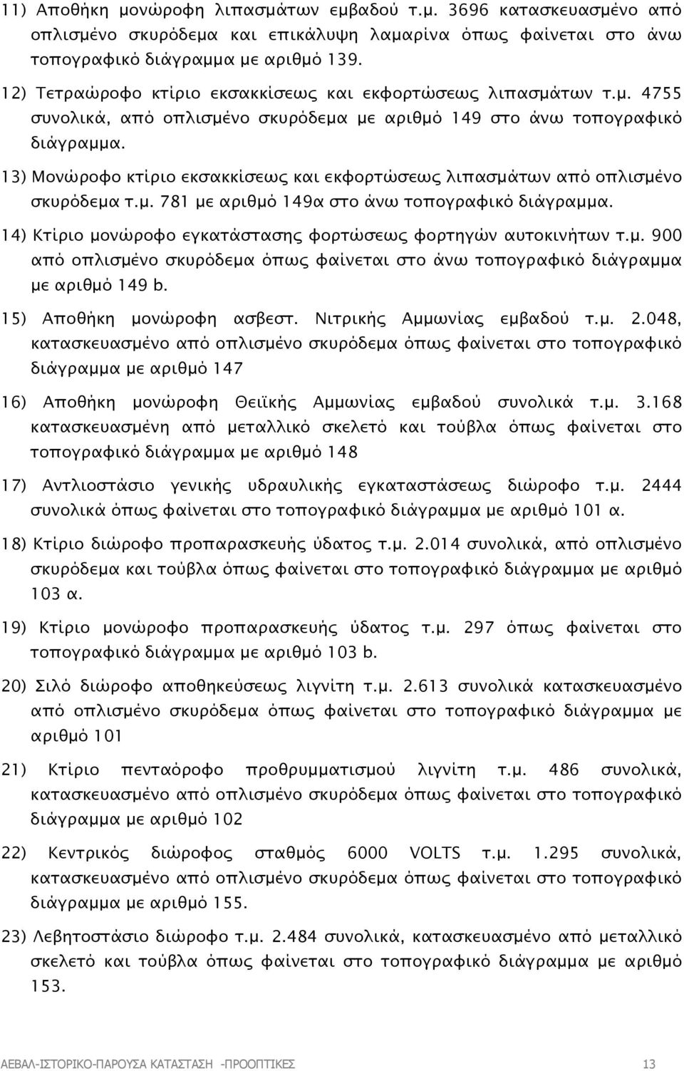 13) Μονώροφο κτίριο εκσακκίσεως και εκφορτώσεως λιπασµάτων από οπλισµένο σκυρόδεµα τ.µ. 781 µε αριθµό 149α στο άνω τοπογραφικό διάγραµµα.