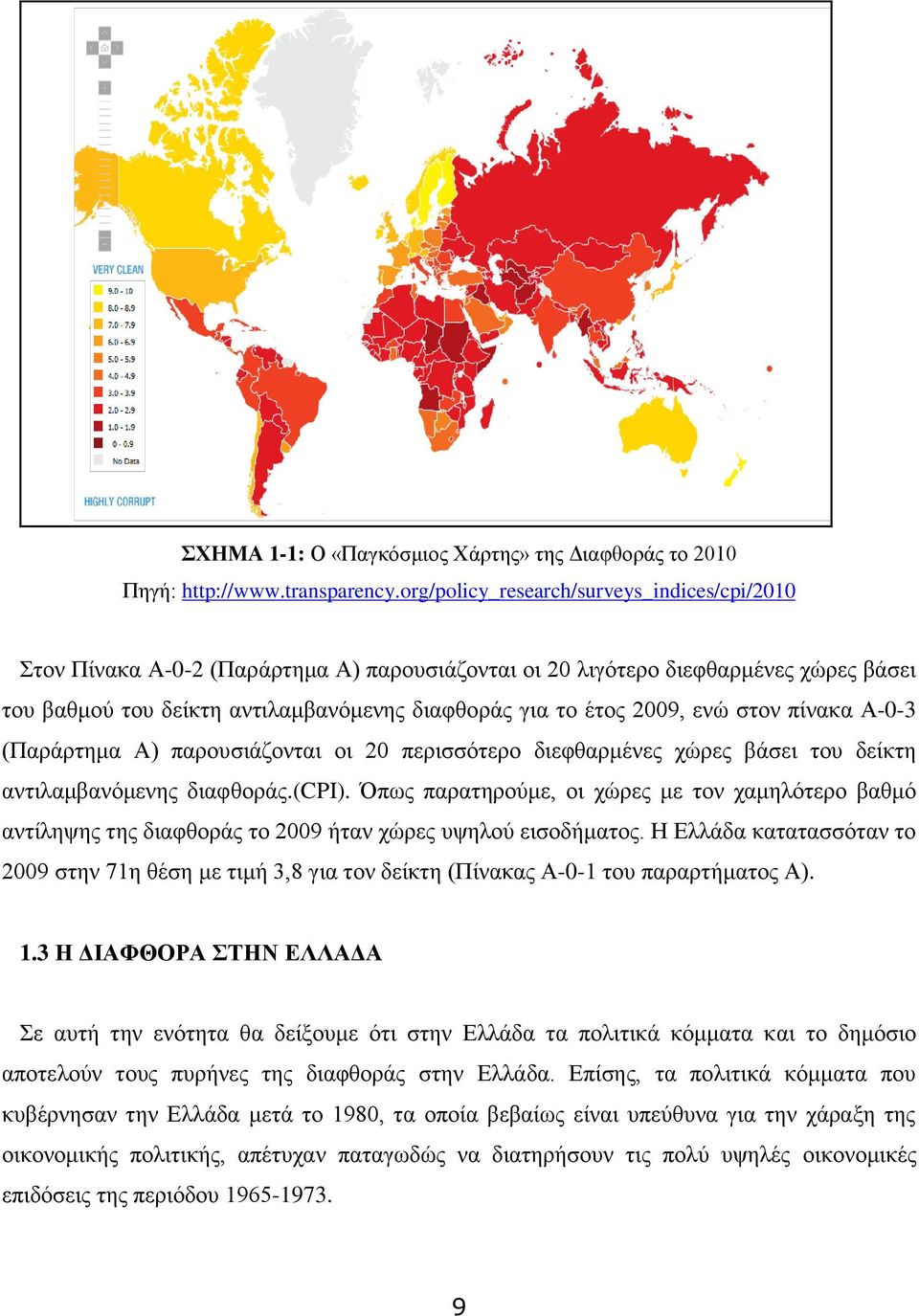 ενώ στον πίνακα Α-0-3 (Παράρτημα Α) παρουσιάζονται οι 20 περισσότερο διεφθαρμένες χώρες βάσει του δείκτη αντιλαμβανόμενης διαφθοράς.(cpi).