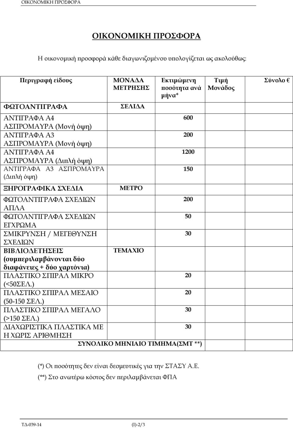 ΑΠΛΑ ΦΩΤΟΑΝΤΙΓΡΑΦΑ ΣΧΕ ΙΩΝ 50 ΕΓΧΡΩΜΑ ΣΜΙΚΡΥΝΣΗ / ΜΕΓΕΘΥΝΣΗ 30 ΣΧΕ ΙΩΝ ΒΙΒΛΙΟ ΕΤΗΣΕΙΣ ΤΕΜΑΧΙΟ (συµ εριλαµβάνονται δύο διαφάνειες + δύο χαρτόνια) ΠΛΑΣΤΙΚΟ ΣΠΙΡΑΛ ΜΙΚΡΟ 20 (<50ΣΕΛ.