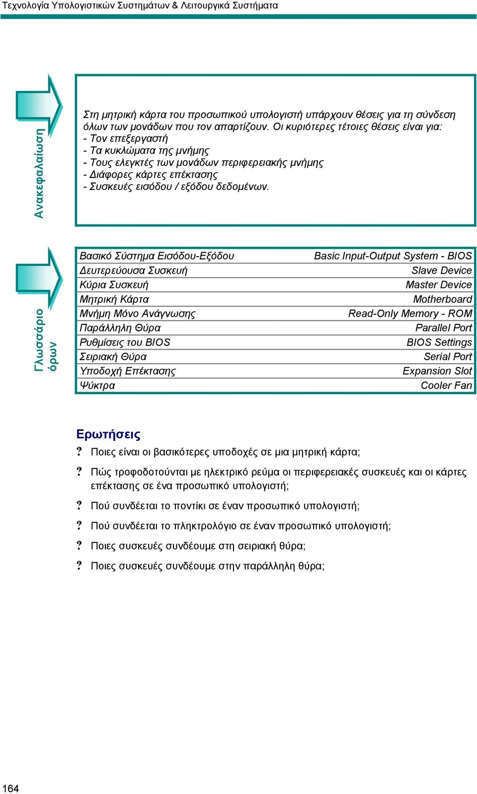 Γλωσσάριο όρων Βασικό Σύστηµα Εισόδου-Εξόδου ευτερεύουσα Συσκευή Κύρια Συσκευή Μητρική Κάρτα Μνήµη Μόνο Ανάγνωσης Παράλληλη Θύρα Ρυθµίσεις του BIOS Σειριακή Θύρα Υποδοχή Επέκτασης Ψύκτρα Basic