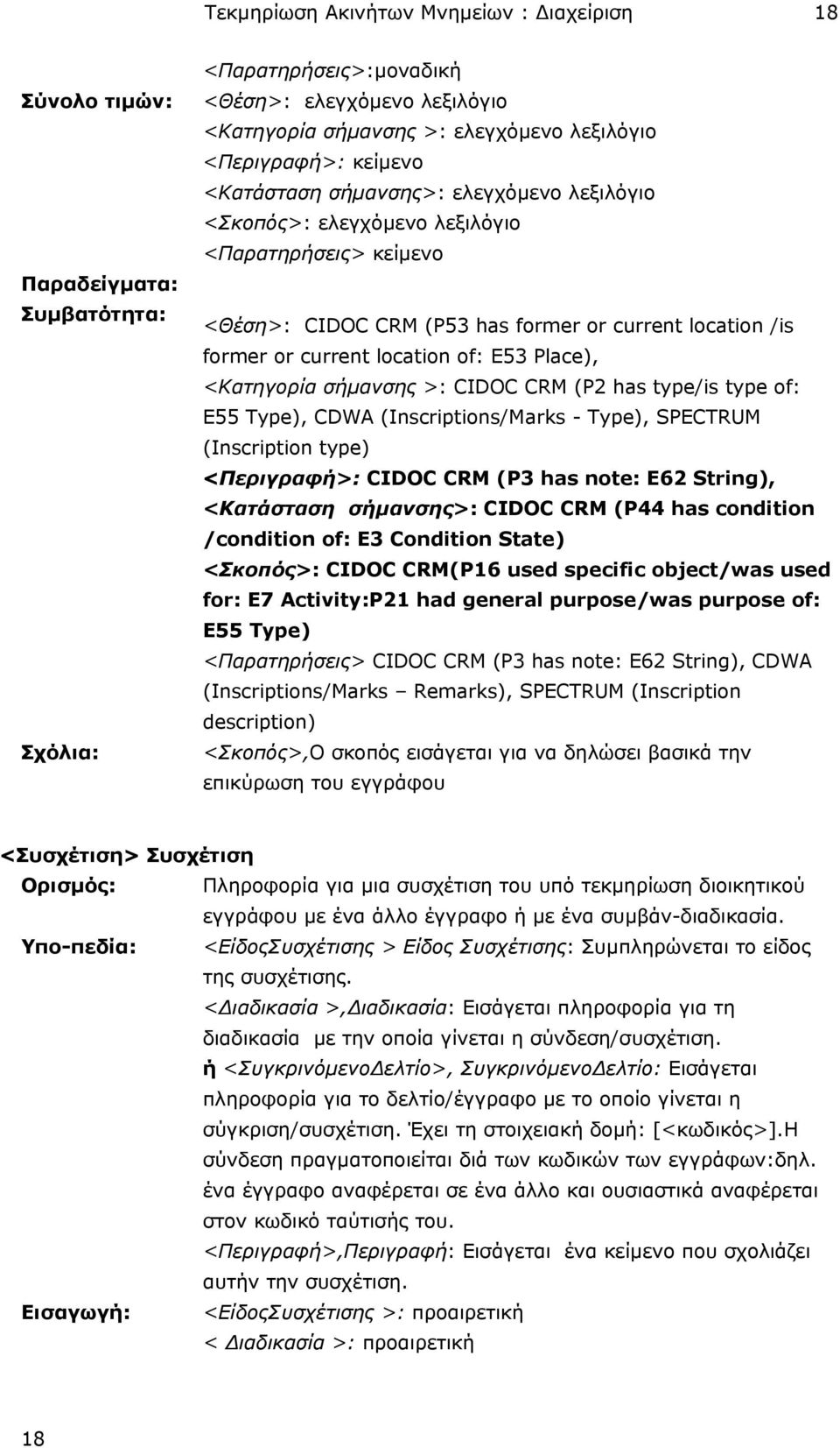 Place), <Κατηγορία σήµανσης >: CIDOC CRM (P2 has type/is type of: E55 Type), CDWA (Inscriptions/Marks - Type), SPECTRUM (Inscription type) <Περιγραφή>: CIDOC CRM (P3 has note: E62 String), <Κατάσταση