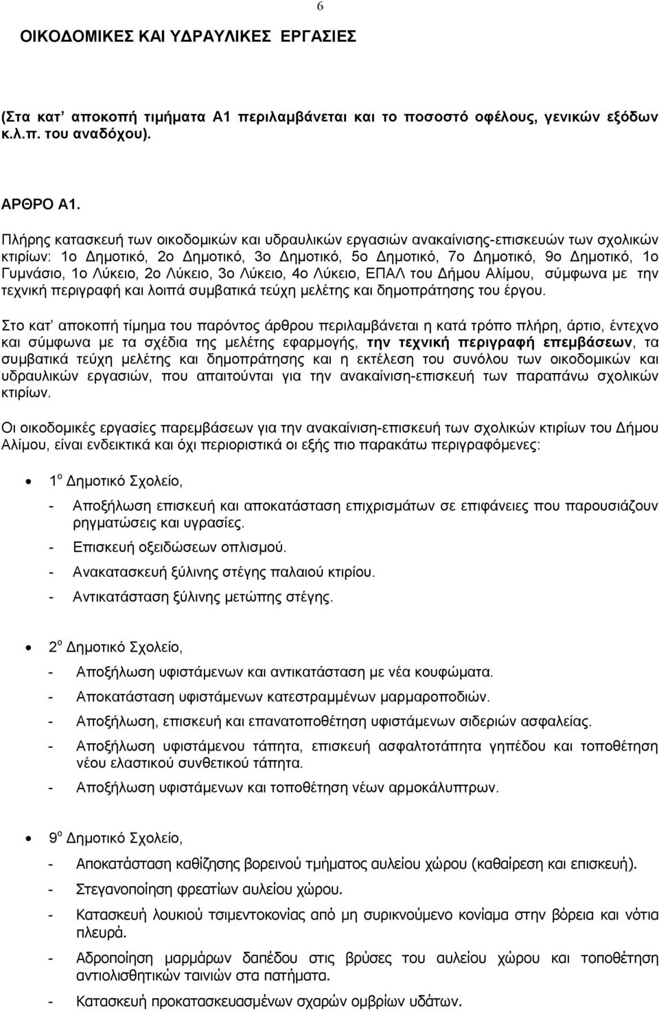 Λύκειο, 2ο Λύκειο, 3ο Λύκειο, 4ο Λύκειο, ΕΠΑΛ του Δήμου Αλίμου, σύμφωνα με την τεχνική περιγραφή και λοιπά συμβατικά τεύχη μελέτης και δημοπράτησης του έργου.