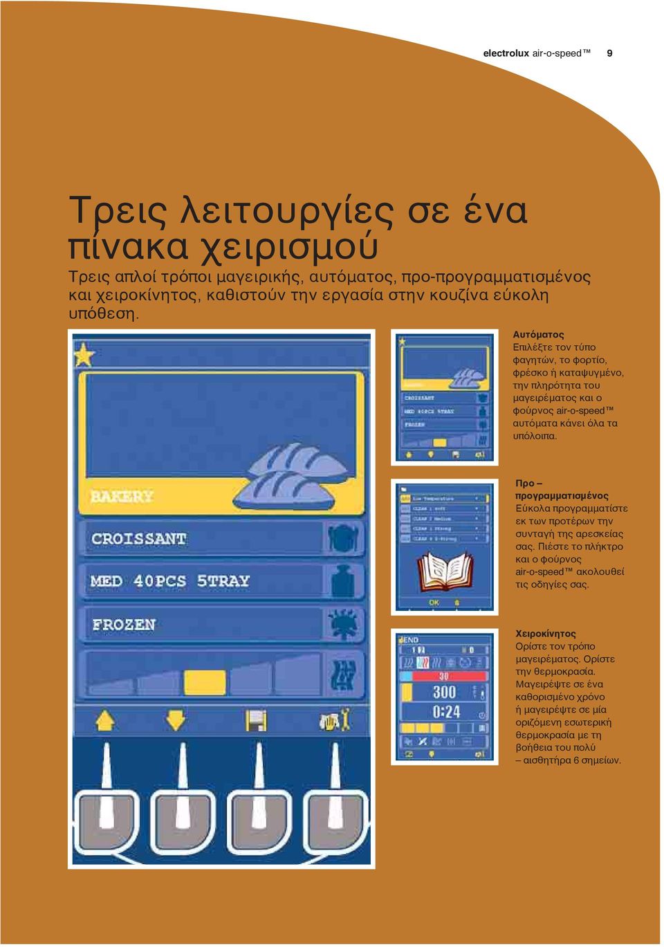 Προ προγραμματισμένος Εύκολα προγραμματίστε εκ των προτέρων την συνταγή της αρεσκείας σας. Πιέστε το πλήκτρο και ο φούρνος ακολουθεί τις οδηγίες σας.