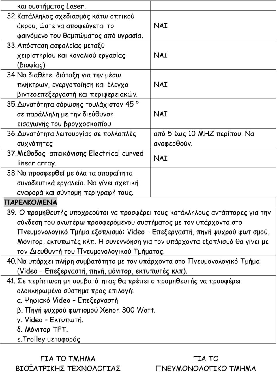 Δυνατότητα σάρωσης τουλάχιστον 45 º σε παράλληλη με την διεύθυνση εισαγωγής του βρογχοσκοπίου 36. Δυνατότητα λειτουργίας σε πολλαπλές συχνότητες 37. Μέθοδος απεικόνισης Electrical curved linear array.