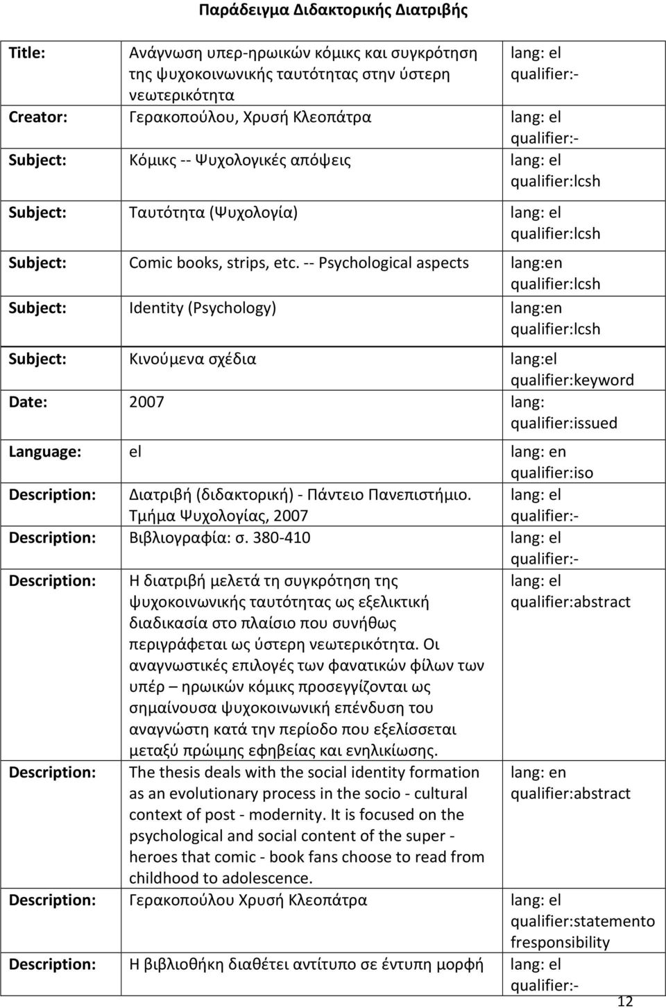 -- Psychological aspects lang:en qualifier:lcsh Subject: Identity (Psychology) lang:en qualifier:lcsh Subject: Κινούμενα σχέδια lang:el qualifier:keyword Date: 2007 lang: qualifier:issued Language: