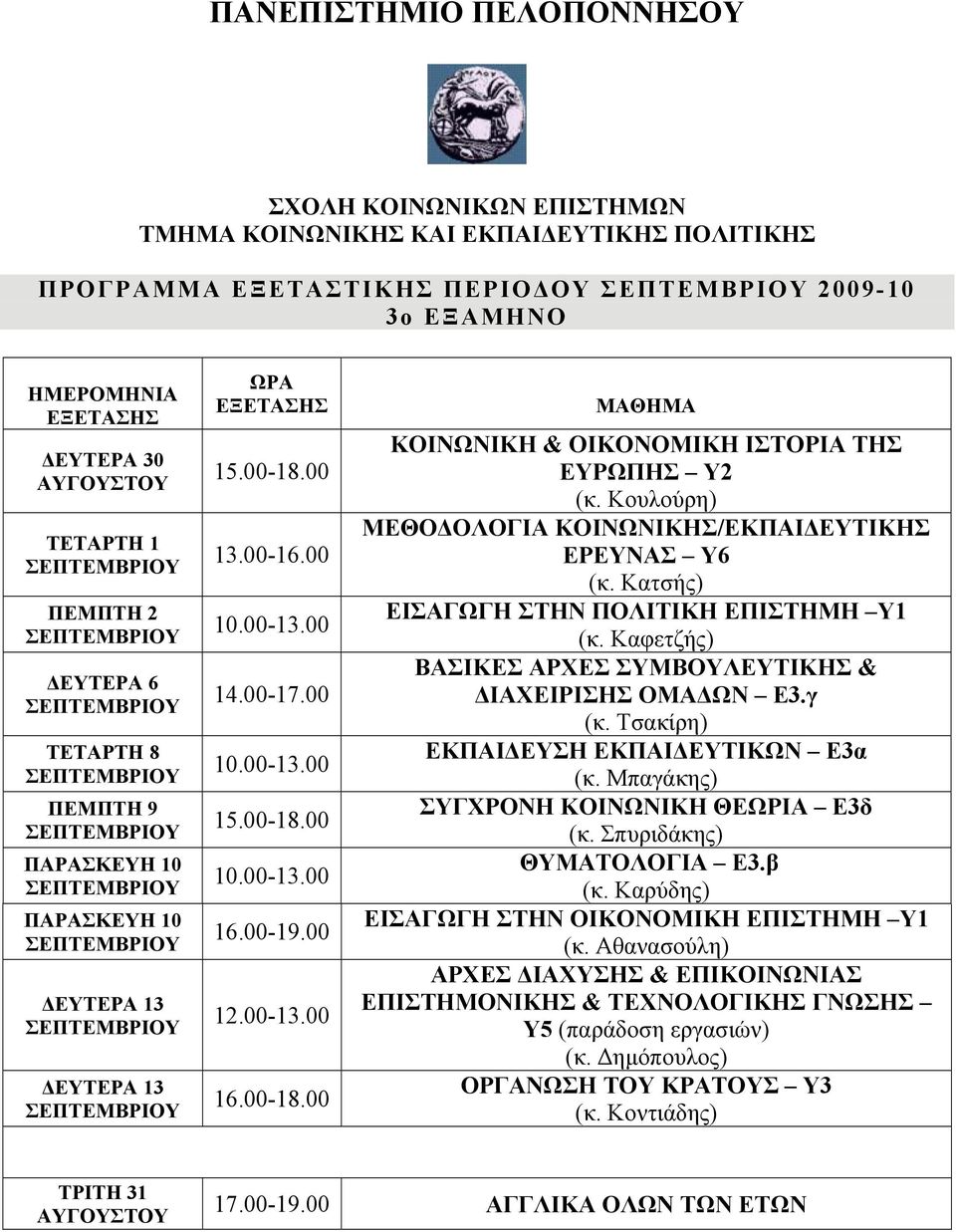 Καφετζής) ΒΑΣΙΚΕΣ ΑΡΧΕΣ ΣΥΜΒΟΥΛΕΥΤΙΚΗΣ & ΔΙΑΧΕΙΡΙΣΗΣ ΟΜΑΔΩΝ Ε3.γ (κ. Τσακίρη) ΕΚΠΑΙΔΕΥΣΗ ΕΚΠΑΙΔΕΥΤΙΚΩΝ Ε3α (κ. Μπαγάκης) ΣΥΓΧΡΟΝΗ ΚΟΙΝΩΝΙΚΗ ΘΕΩΡΙΑ Ε3δ (κ. Σπυριδάκης) ΘΥΜΑΤΟΛΟΓΙΑ Ε3.