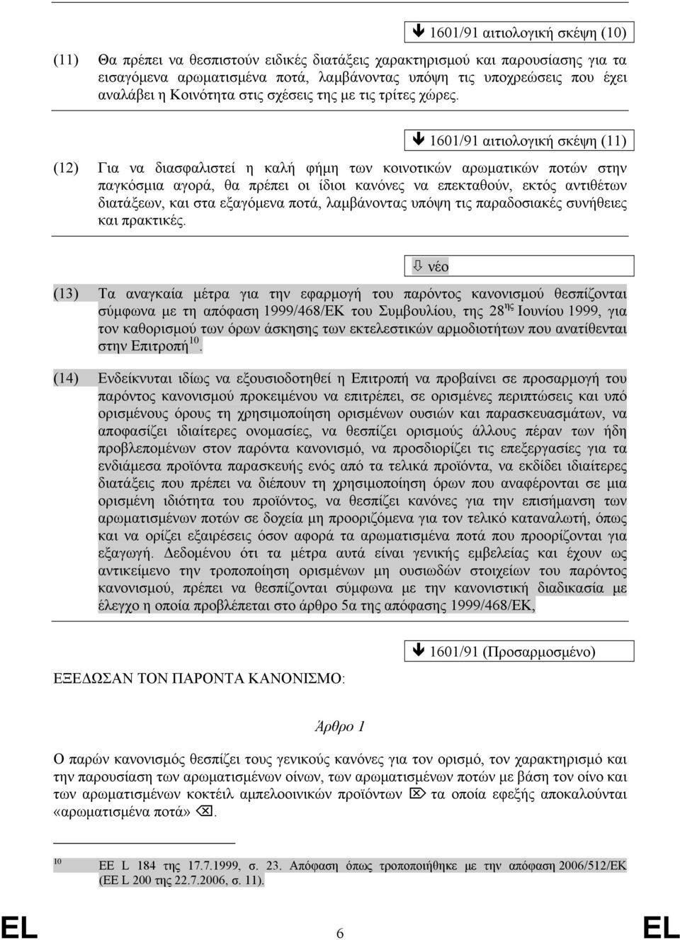 αιτιολογική σκέψη (11) (12) Για να διασφαλιστεί η καλή φήμη των κοινοτικών αρωματικών ποτών στην παγκόσμια αγορά, θα πρέπει οι ίδιοι κανόνες να επεκταθούν, εκτός αντιθέτων διατάξεων, και στα