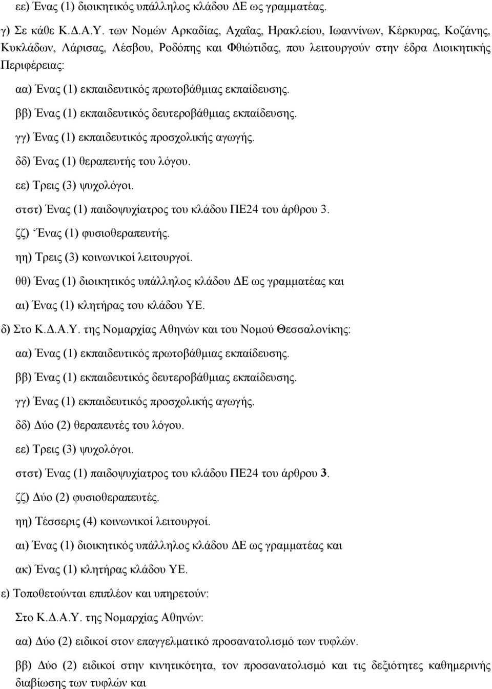πρωτοβάθμιας εκπαίδευσης. ββ) Ένας (1) εκπαιδευτικός δευτεροβάθμιας εκπαίδευσης. γγ) Ένας (1) εκπαιδευτικός προσχολικής αγωγής. δδ) Ένας (1) θεραπευτής του λόγου. εε) Τρεις (3) ψυχολόγοι.