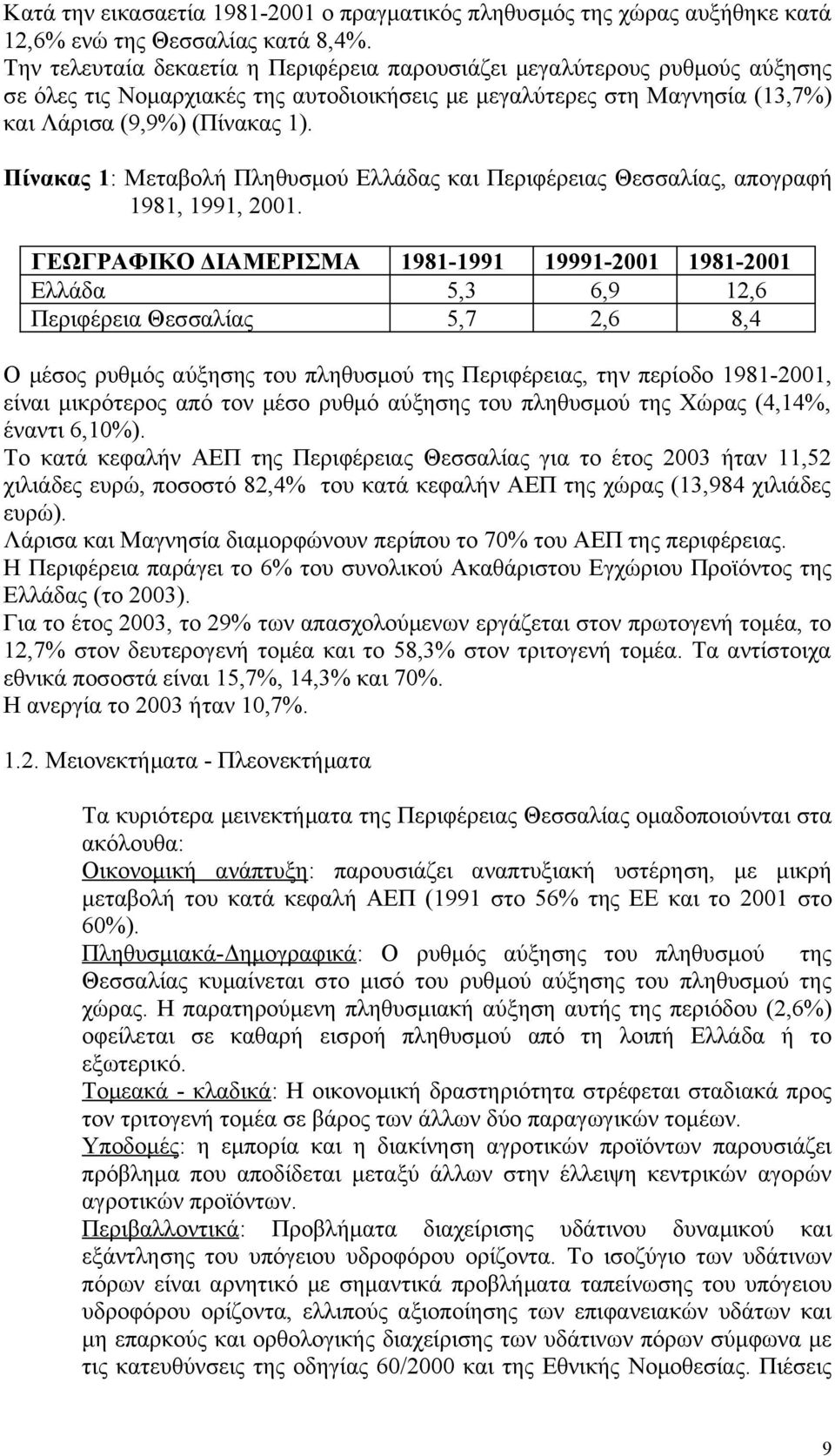 Πίνακας 1: Μεταβολή Πληθυσμού Ελλάδας και Περιφέρειας Θεσσαλίας, απογραφή 1981, 1991, 2001.