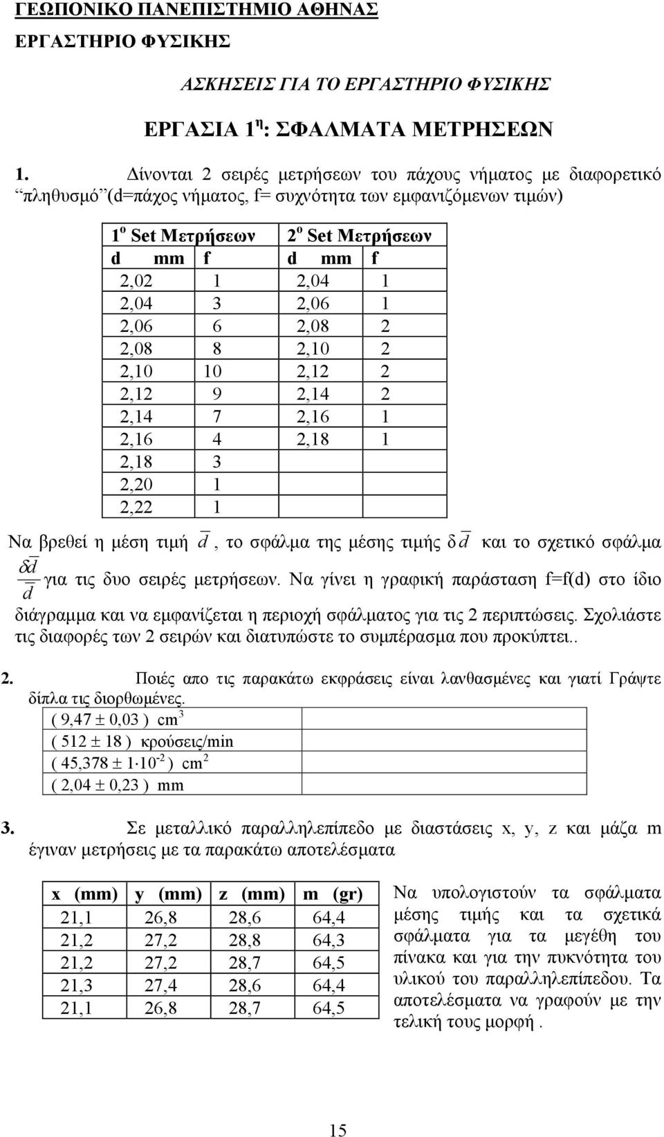 0,, 9,4,4 7,6,6 4,8,8 3,0, Να βρεθεί η µέση τιµή d, το σφάλµα της µέσης τιµής δ d και το σχετικό σφάλµα δd για τις δυο σειρές µετρήσεων.