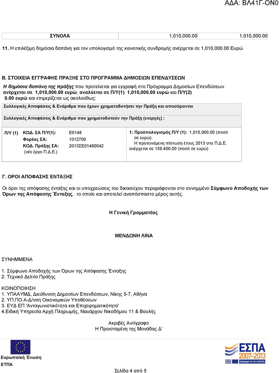 00 ευρώ, αναλύεται σε Π/Υ(1) 1,010,000.00 ευρώ και Π/Υ(2) 0.