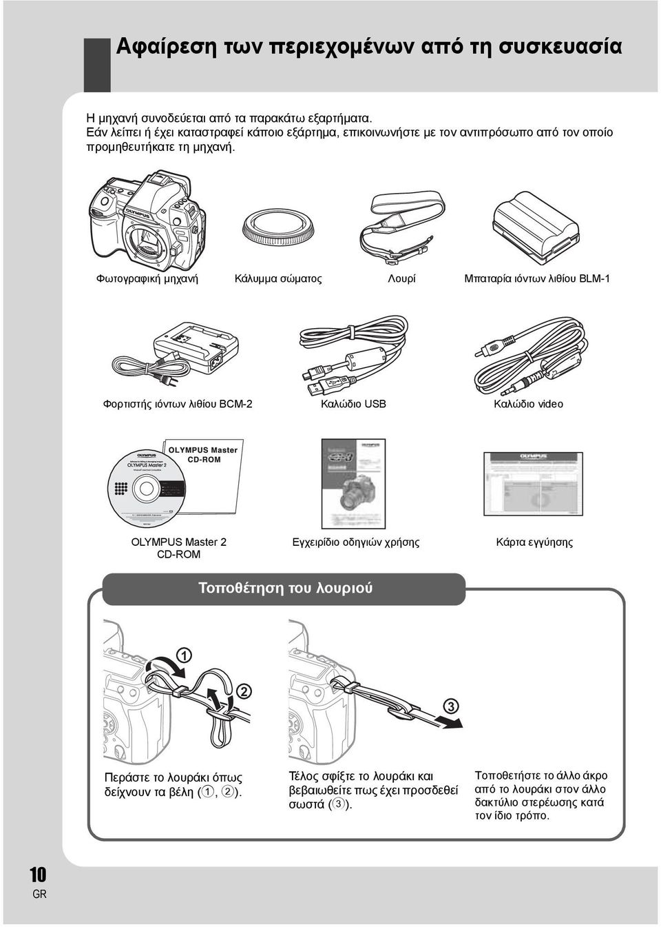 Φωτογραφική μηχανή Κάλυμμα σώματος Λουρί Μπαταρία ιόντων λιθίου BLM-1 Φορτιστής ιόντων λιθίου BCM-2 Καλώδιο USB Καλώδιο video OLYMPUS Master 2 CD-ROM Εγχειρίδιο