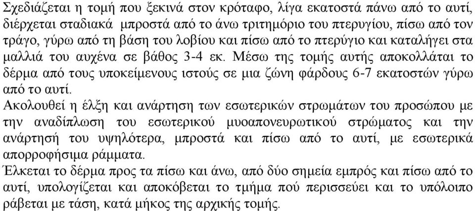 Αθνινπζεί ε έιμε θαη αλάξηεζε ησλ εζσηεξηθώλ ζηξσκάησλ ηνπ πξνζώπνπ κε ηελ αλαδίπισζε ηνπ εζσηεξηθνύ κπναπνλεπξσηηθνύ ζηξώκαηνο θαη ηελ αλάξηεζή ηνπ πςειόηεξα, κπξνζηά θαη πίζσ από ην απηί, κε