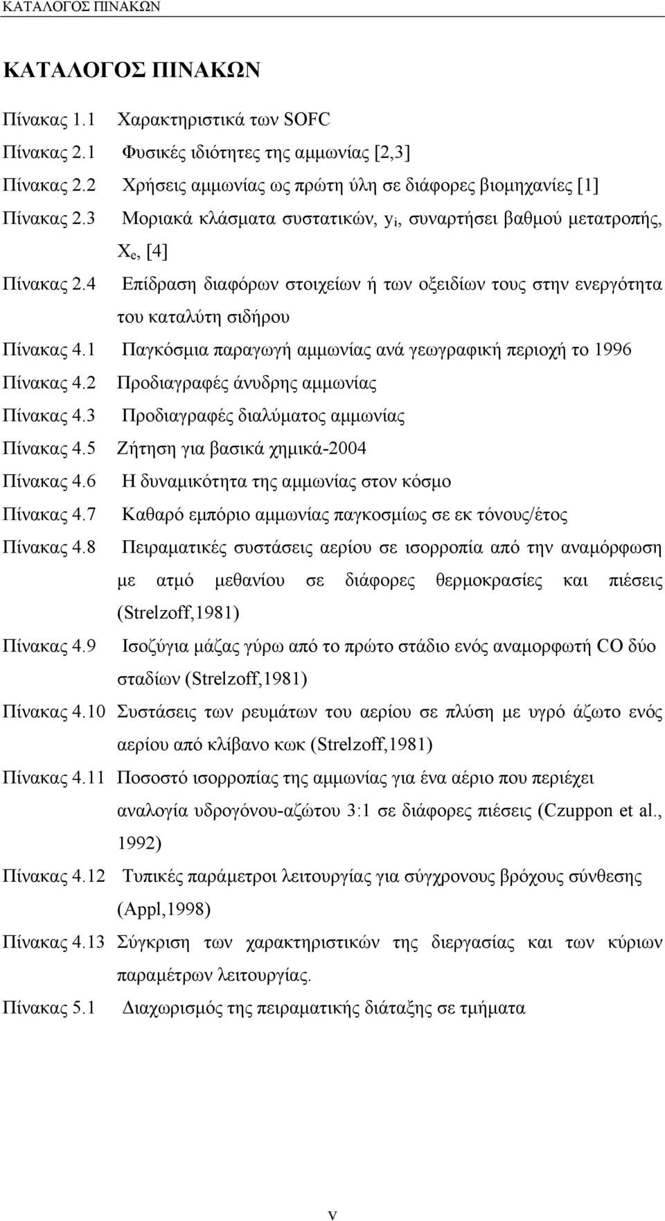 4 Επίδραση διαφόρων στοιχείων ή των οξειδίων τους στην ενεργότητα του καταλύτη σιδήρου Πίνακας 4.1 Παγκόσµια παραγωγή αµµωνίας ανά γεωγραφική περιοχή το 1996 Πίνακας 4.