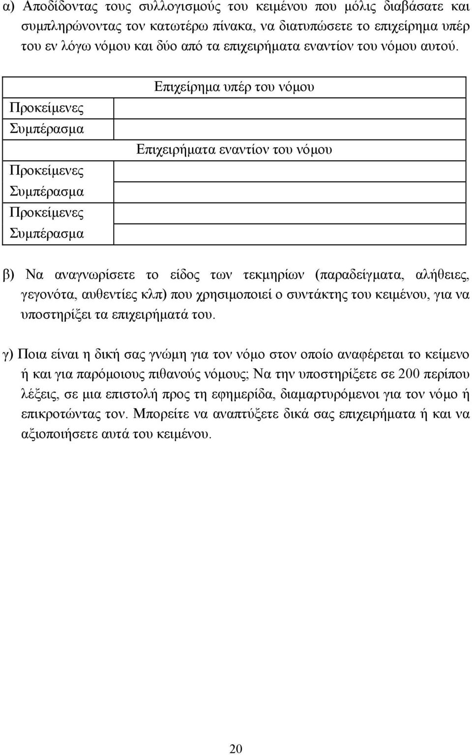 Προκείµενες Συµπέρασµα Προκείµενες Συµπέρασµα Προκείµενες Συµπέρασµα Επιχείρηµα υπέρ του νόµου Επιχειρήµατα εναντίον του νόµου β) Να αναγνωρίσετε το είδος των τεκµηρίων (παραδείγµατα, αλήθειες,