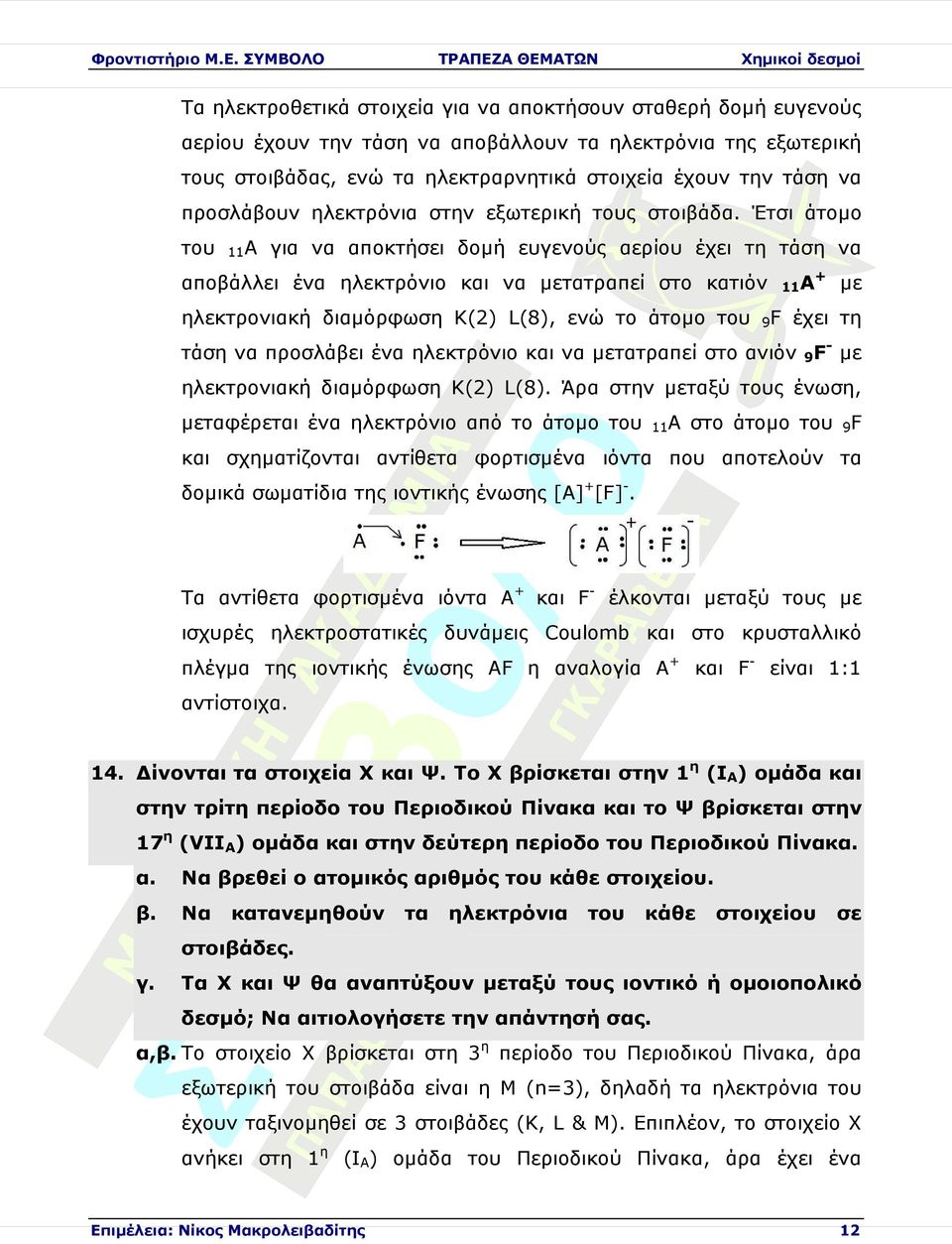 9F 11Α + έχει τη τάση προσλάβει ηλεκτρόνιο τατραπεί στο ανιόν 9F- ηλεκτρονιακή διαµόρφωση Κ(2) L(8).