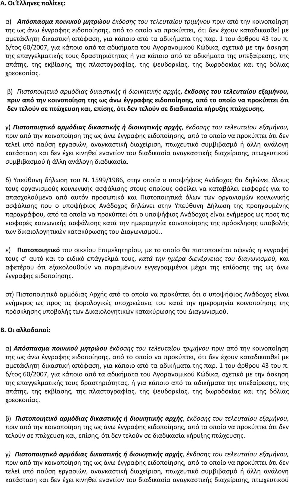 δ/τος 60/2007, για κάποιο από τα αδικήματα του Αγορανομικού Κώδικα, σχετικό με την άσκηση της επαγγελματικής τους δραστηριότητας ή για κάποιο από τα αδικήματα της υπεξαίρεσης, της απάτης, της