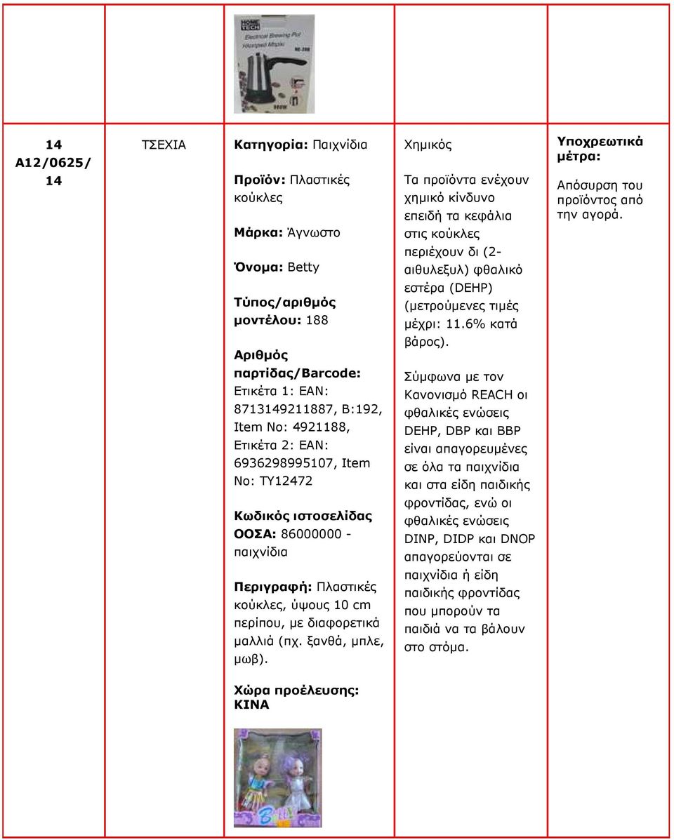 Ετικέτα 1: EAN: 87139211887, B:192, Item No: 4921188, Ετικέτα 2: EAN: 6936298995107, Item No: TY12472 Σύµφωνα µε τον Κανονισµό REACH οι DEHP, DBP και BBP είναι απαγορευµένες σε όλα τα