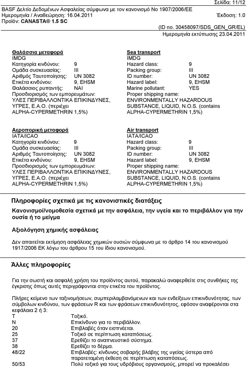 ΤΙΚΑ ΕΠΙΚΙΝΔΥΝΕΣ, ΥΓΡΕΣ, Ε.Α.Ο. (περιέχει Proper shipping name: ENVIRONMENTALLY HAZARDOUS 