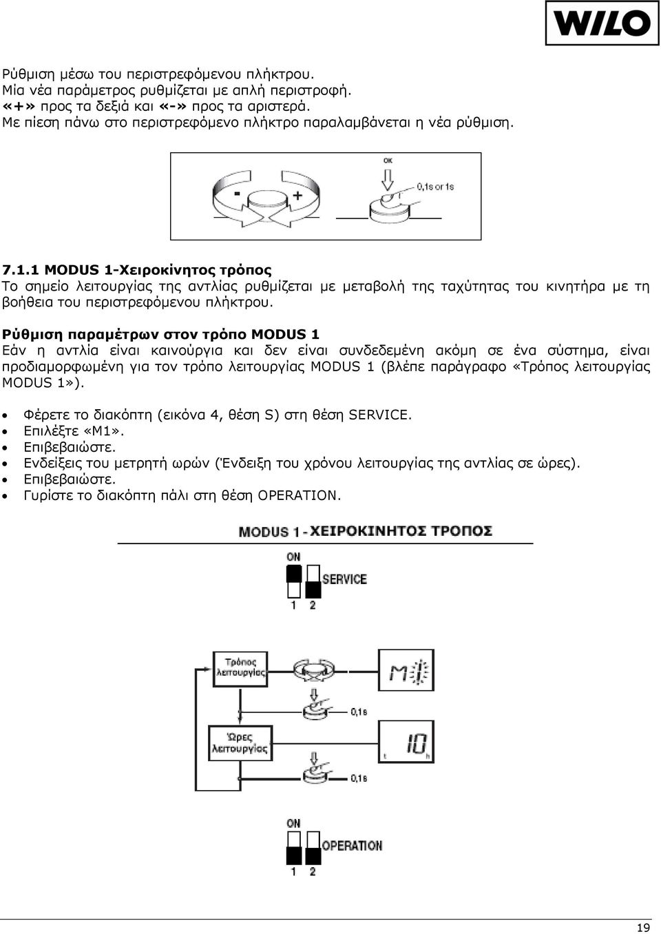 1 MODUS 1-Χειροκίνητος τρόπος Το σημείο λειτουργίας της αντλίας ρυθμίζεται με μεταβολή της ταχύτητας του κινητήρα με τη βοήθεια του περιστρεφόμενου πλήκτρου.