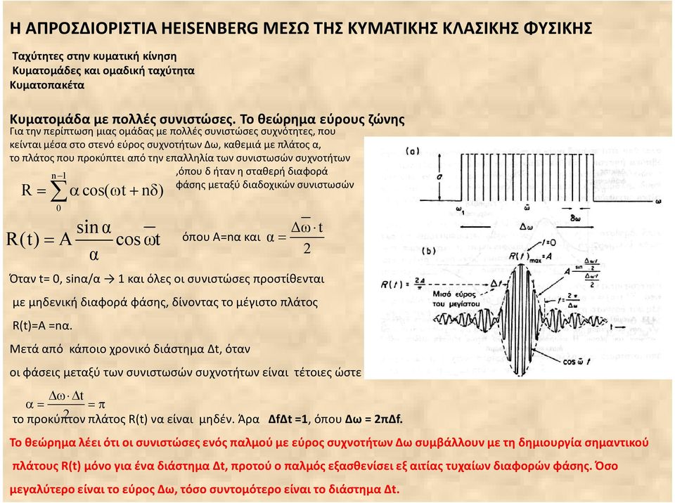 των συνιστωσών συχνοτήτων 1 R= α cos( ω t+ δ) 0 si α R(t) A cos ωt α ω t α= α = όπου Α=α και,όπου δ ήταν η σταθερή διαφορά φάσης μεταξύ διαδοχικών συνιστωσών Όταν t= 0, siα/α 1 και όλες οι συνιστώσες