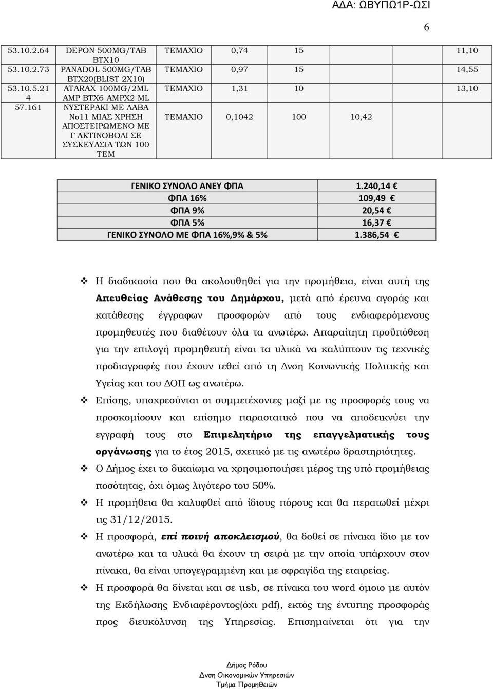 ΑΝΕΥ ΦΠΑ 1.240,14 ΦΠΑ 16% 109,49 ΦΠΑ 9% 20,54 ΦΠΑ 5% 16,37 ΓΕΝΙΚΟ ΣΥΝΟΛΟ ΜΕ ΦΠΑ 16%,9% & 5% 1.