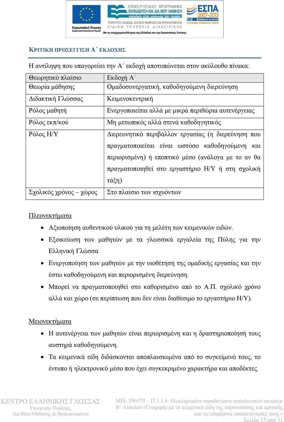 που πραγματοποιείται είναι ωστόσο καθοδηγούμενη και περιορισμένη) ή εποπτικό μέσο (ανάλογα με το αν θα πραγματοποιηθεί στο εργαστήριο Η/Υ ή στη σχολική τάξη) Σχολικός χρόνος χώρος Στο πλαίσιο των