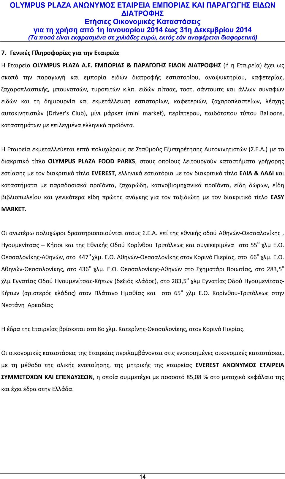 λπ. ειδών πίτσας, τοστ, σάντουιτς και άλλων συναφών ειδών και τη δημιουργία και εκμετάλλευση εστιατορίων, καφετεριών, ζαχαροπλαστείων, λέσχης αυτοκινητιστών (Driver's Club), μίνι μάρκετ (mini