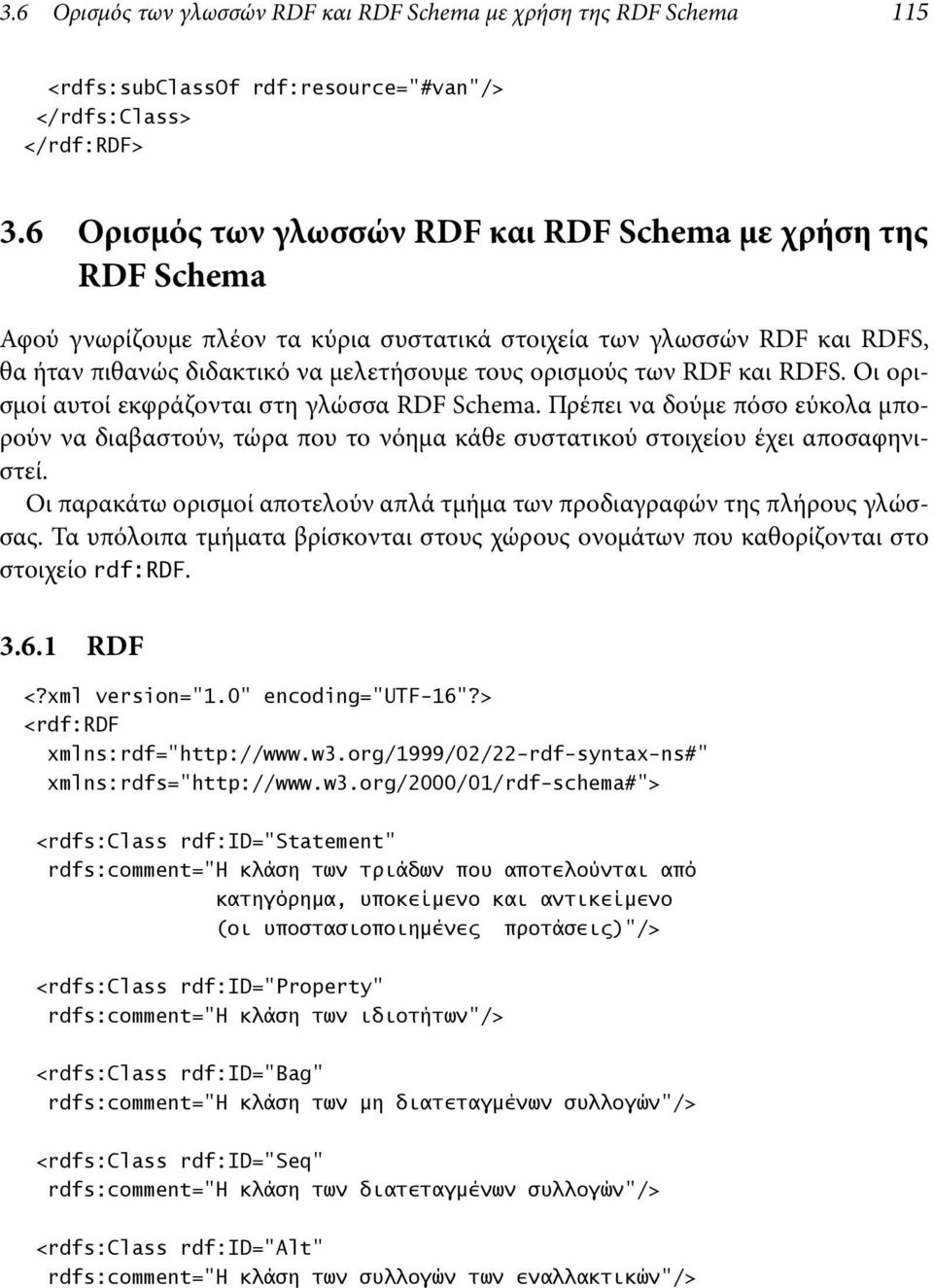 RDF και RDFS. Οι ορισμοί αυτοί εκφράζονται στη γλώσσα RDF Schema. Πρέπει να δούμε πόσο εύκολα μπορούν να διαβαστούν, τώρα που το νόημα κάθε συστατικού στοιχείου έχει αποσαφηνιστεί.