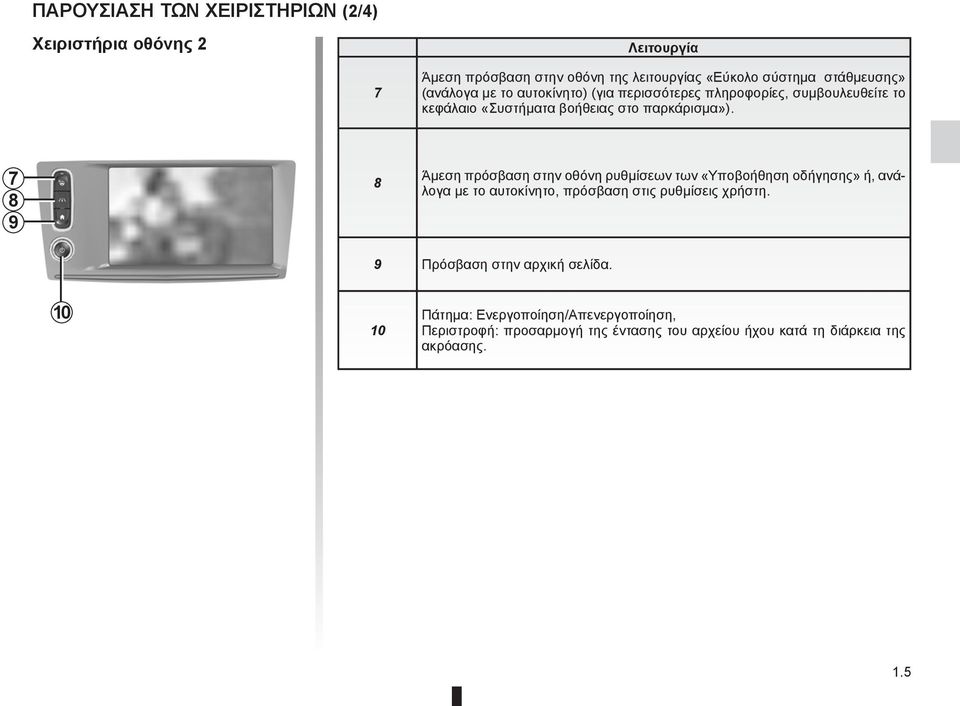 7 8 9 8 Άμεση πρόσβαση στην οθόνη ρυθμίσεων των «Υποβοήθηση οδήγησης» ή, ανάλογα με το αυτοκίνητο, πρόσβαση στις ρυθμίσεις χρήστη.
