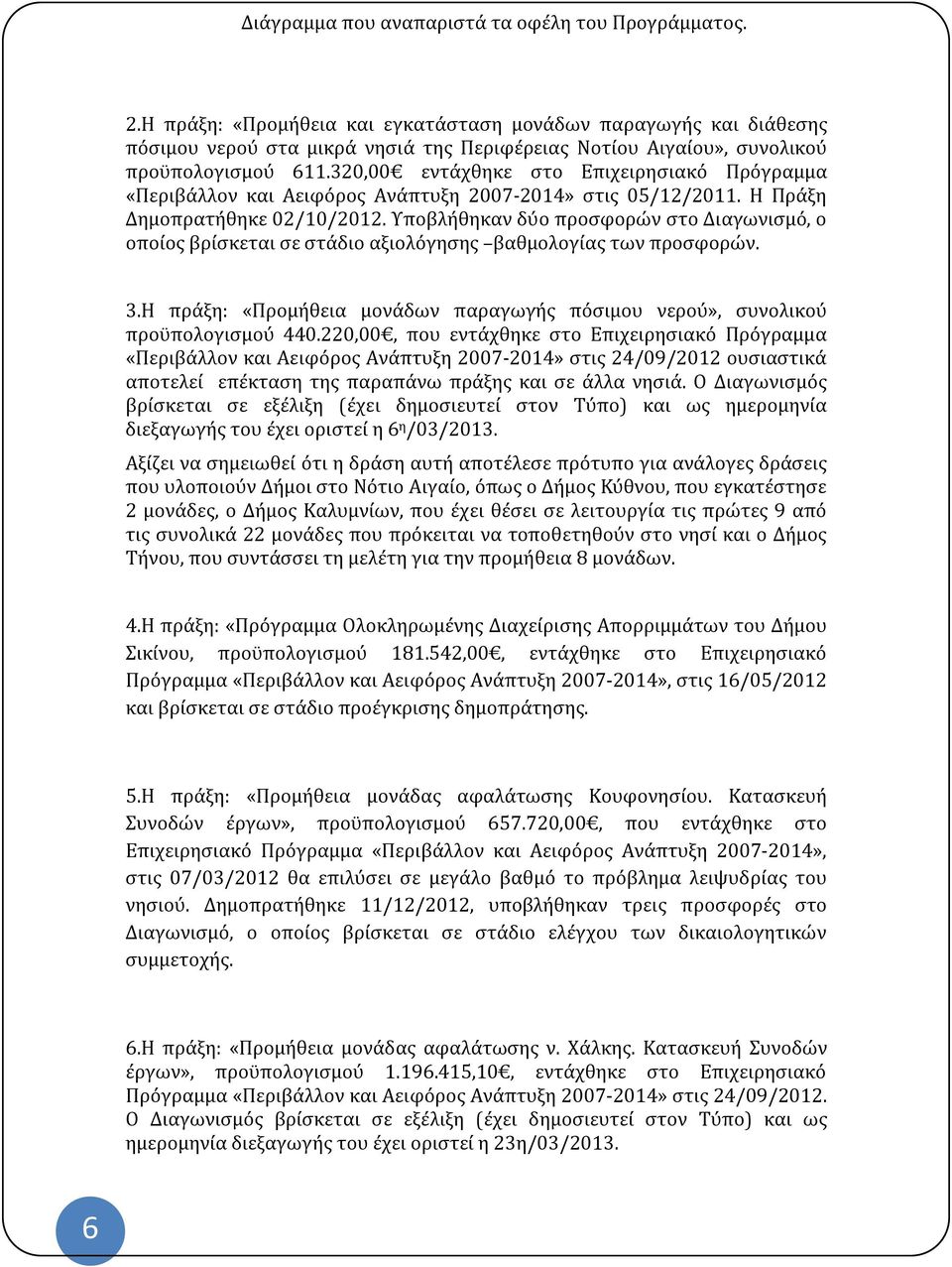 320,00 εντάχθηκε στο Επιχειρησιακό Πρόγραμμα «Περιβάλλον και Αειφόρος Ανάπτυξη 2007-2014» στις 05/12/2011. Η Πράξη Δημοπρατήθηκε 02/10/2012.