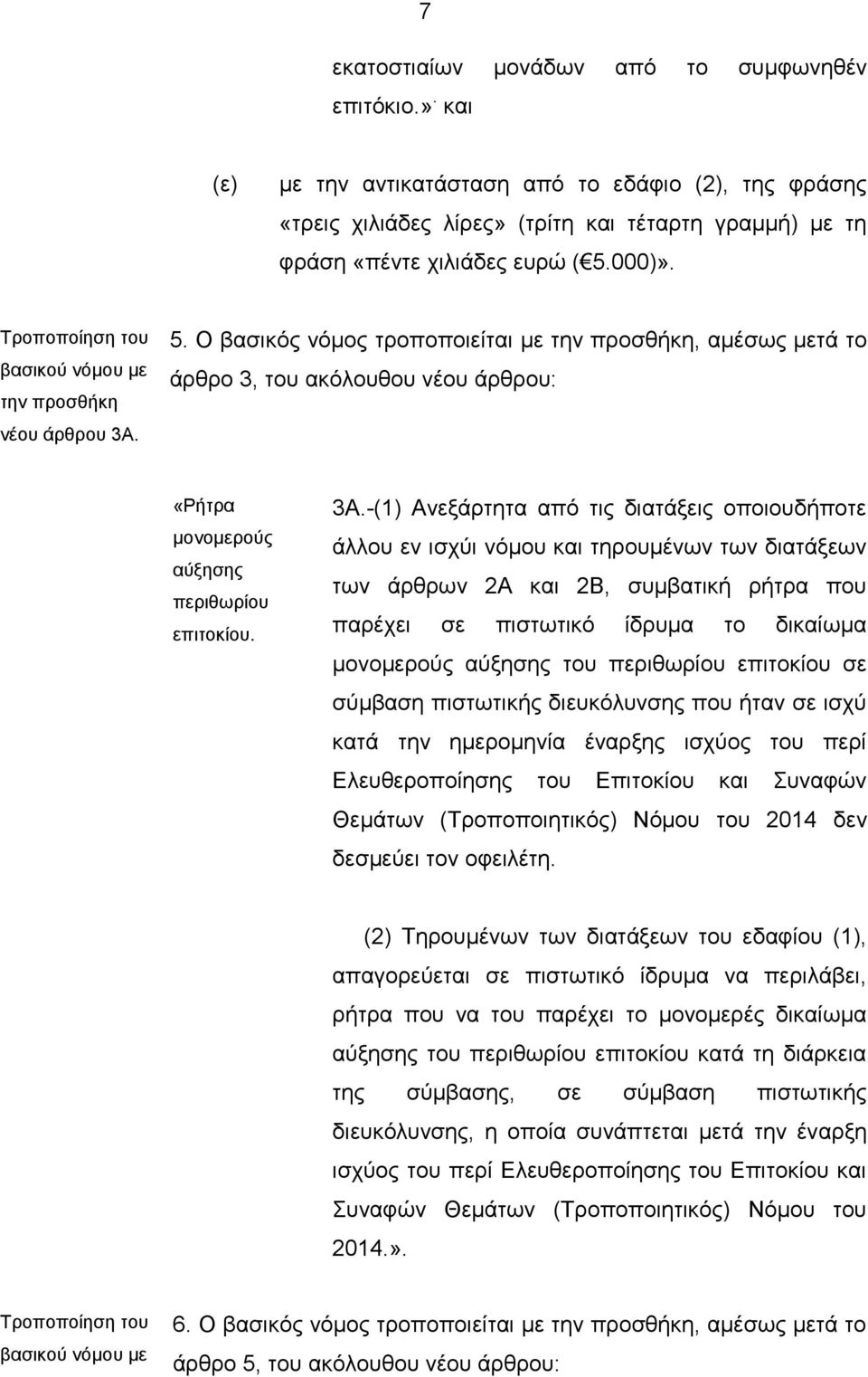 Ο βαζηθόο λόκνο ηξνπνπνηείηαη κε ηελ πξνζζήθε, ακέζσο κεηά ην άξζξν 3, ηνπ αθόινπζνπ λένπ άξζξνπ: «Ρήηξα κνλνκεξνύο αύμεζεο πεξηζσξίνπ επηηνθίνπ. 3Α.