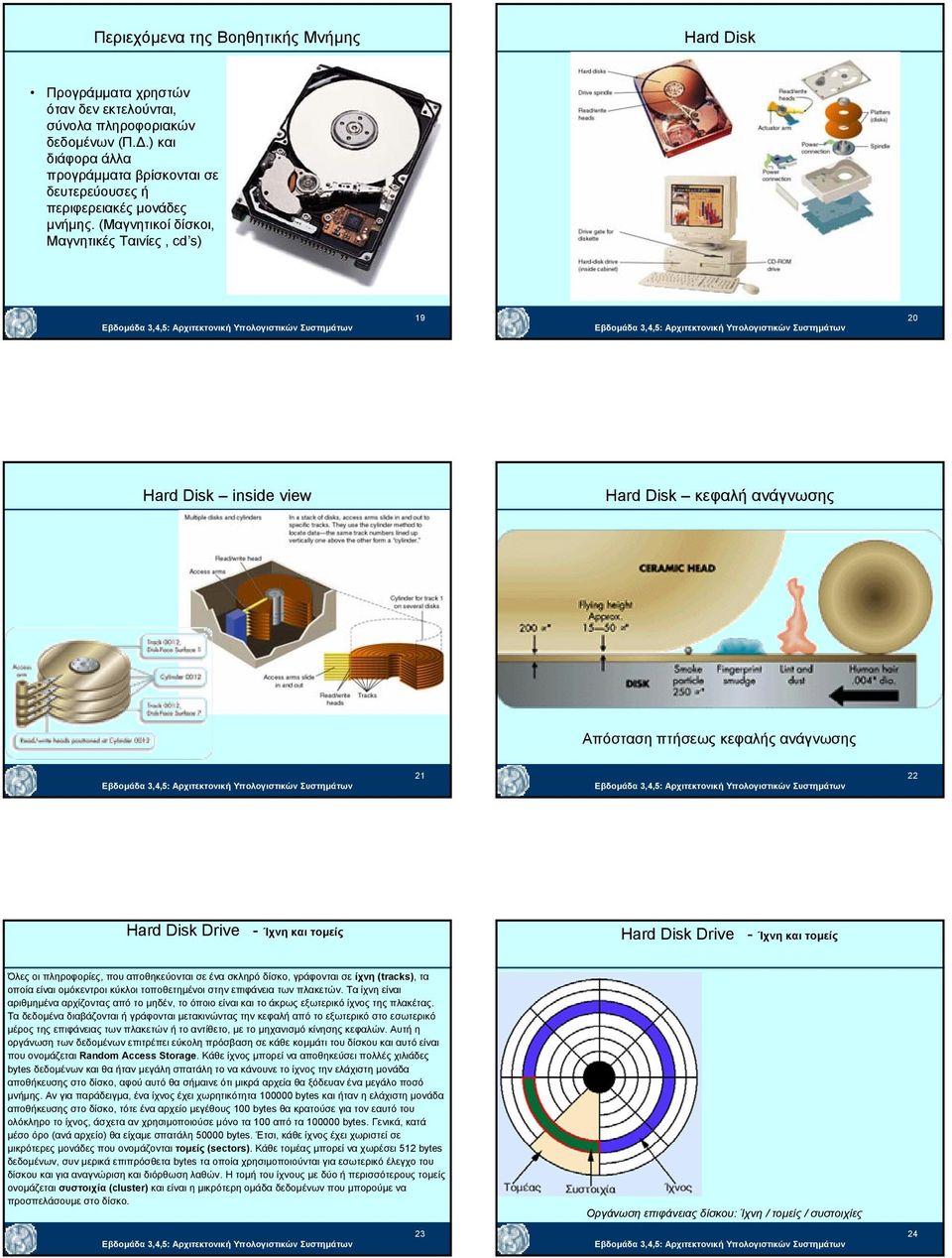 (Μαγνητικοί δίσκοι, Μαγνητικές Ταινίες, cd s) 19 20 Hard Disk inside view Hard Disk κεφαλή ανάγνωσης Απόσταση πτήσεως κεφαλής ανάγνωσης 21 22 Hard Disk Drive - Ίχνη και τοµείς Hard Disk Drive - Ίχνη