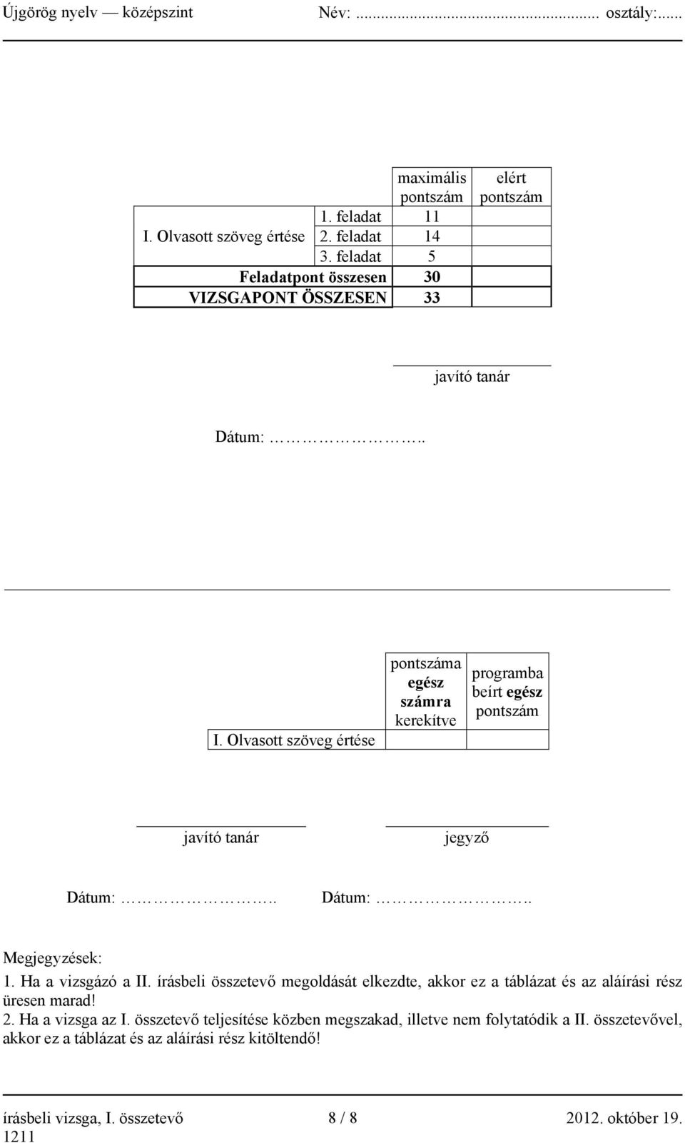 Olvasott szöveg értése pontszáma egész számra kerekítve programba beírt egész pontszám javító tanár jegyző Dátum:.. Dátum:.. Megjegyzések: 1.