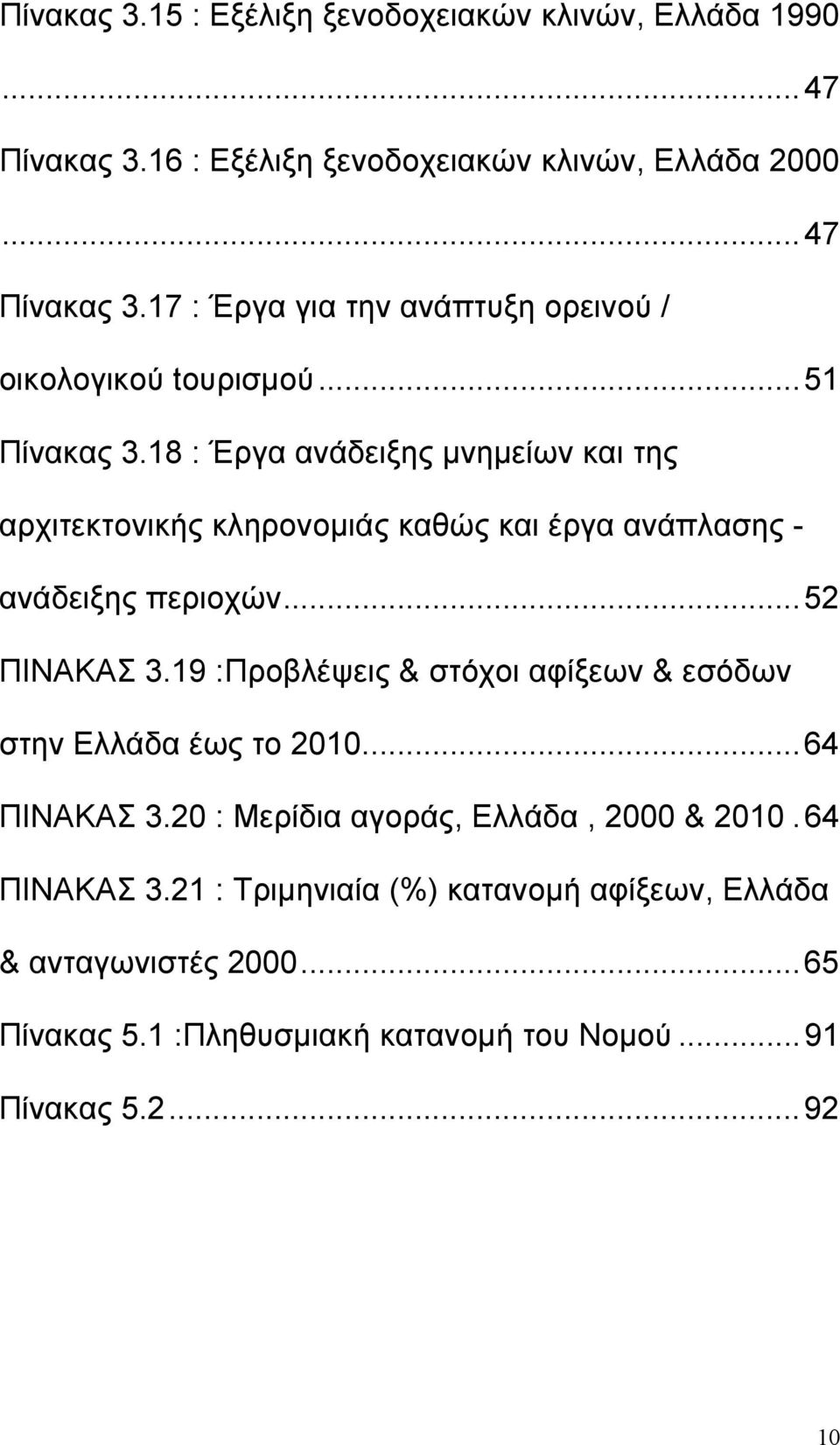 19 :Προβλέψεις & στόχοι αφίξεων & εσόδων στην Ελλάδα έως το 2010...64 ΠΙΝΑΚΑΣ 3.20 : Μερίδια αγοράς, Ελλάδα, 2000 & 2010.64 ΠΙΝΑΚΑΣ 3.21 : Τριμηνιαία (%) κατανομή αφίξεων, Ελλάδα & ανταγωνιστές 2000.