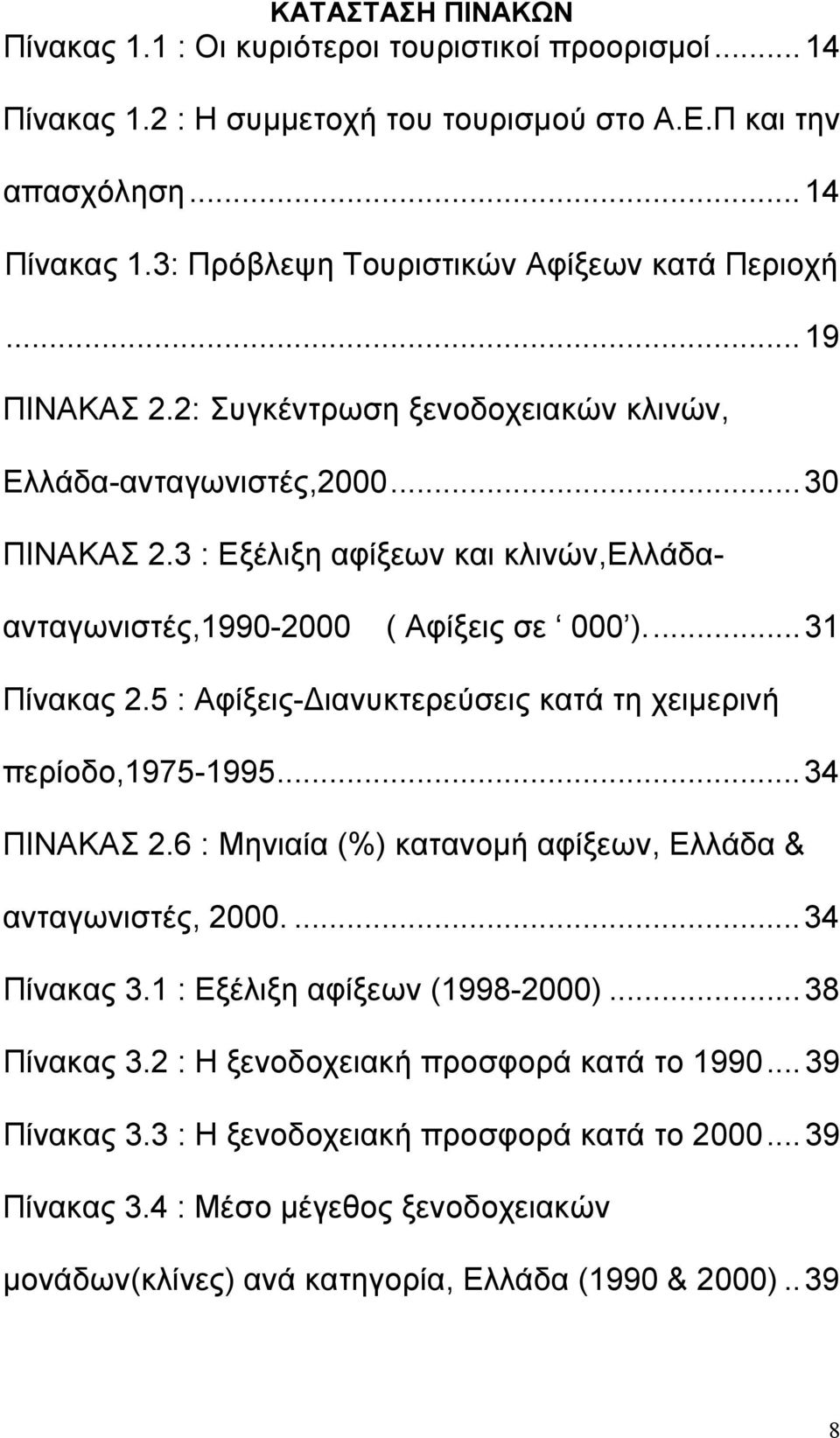 5 : Αφίξεις-Διανυκτερεύσεις κατά τη χειμερινή περίοδο,1975-1995...34 ΠΙΝΑΚΑΣ 2.6 : Μηνιαία (%) κατανομή αφίξεων, Ελλάδα & ανταγωνιστές, 2000...34 Πίνακας 3.1 : Εξέλιξη αφίξεων (1998-2000).