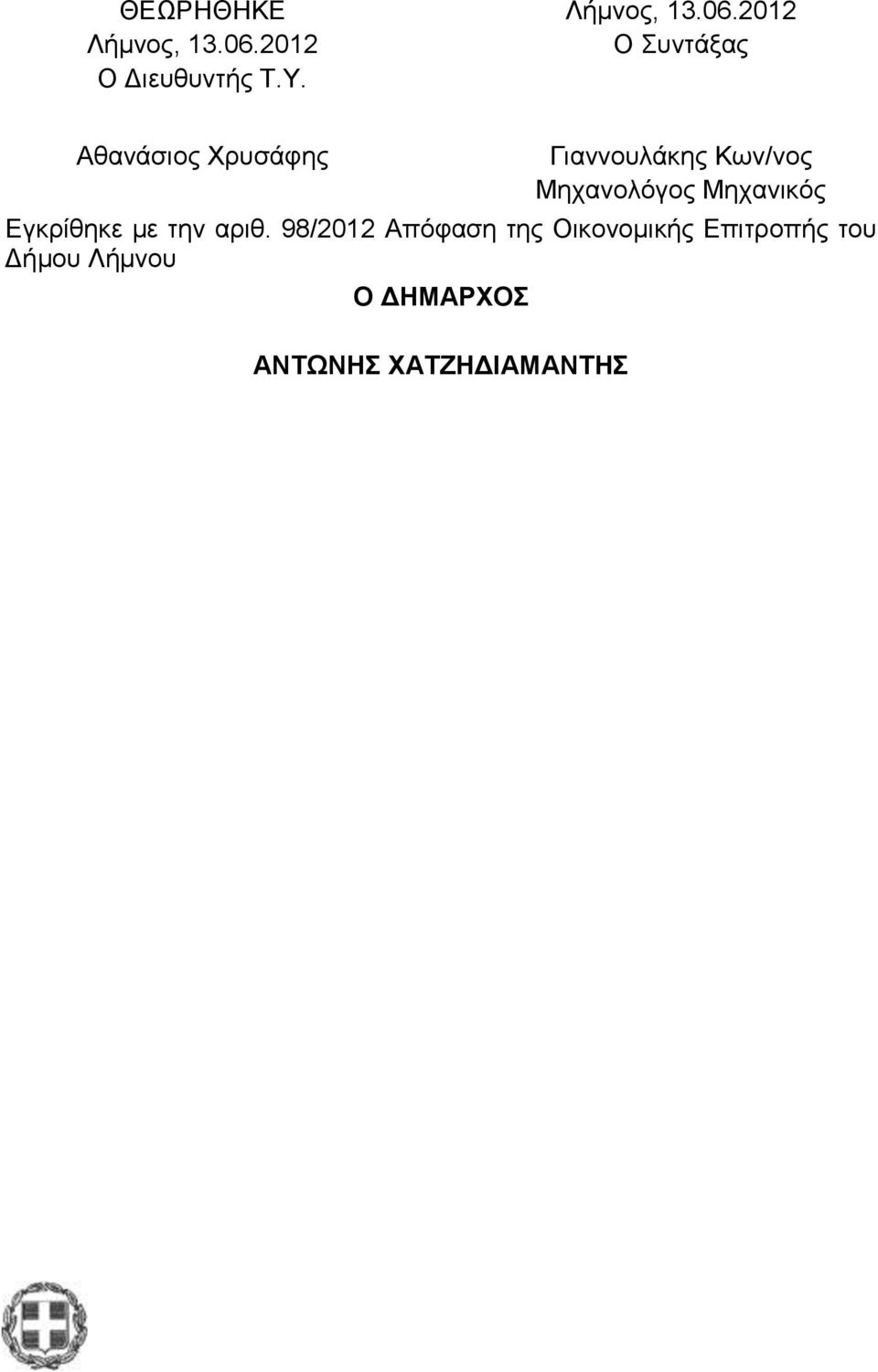 2012 Ο Συντάξας Αθανάσιος Χρυσάφης Γιαννουλάκης Κων/νος Μηχανολόγος Μηχανικός Εγκρίθηκε με την