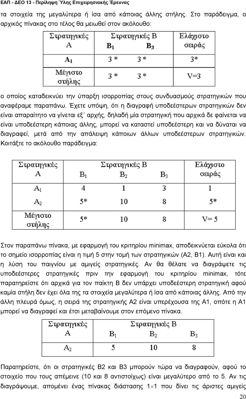 καταστεί υποδεέστερη και να δύναται να διαγραφεί, ετά από την απάειψη κάποιων άων υποδεέστερων στρατηγικών Κοιτάξτε το ακόουθο παράδειγα: Στον παραπάνω πίνακα, ε εφαρογή του κριτηρίου miimax,