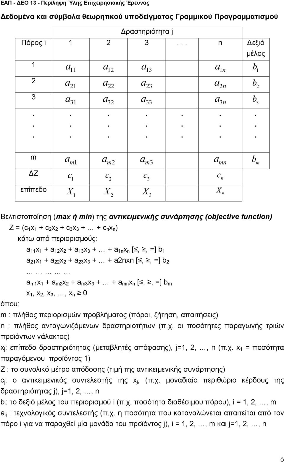 a m x + a m x + a m3 x 3 + + a m x [,, ] b m x, x, x 3,, x 0 όπου: m : πήθος περιορισών προβήατος (πόροι, ζήτηση, απαιτήσεις) : πήθος ανταγωνιζόενων δραστηριοτήτων (πχ οι ποσότητες παραγωγής τριών