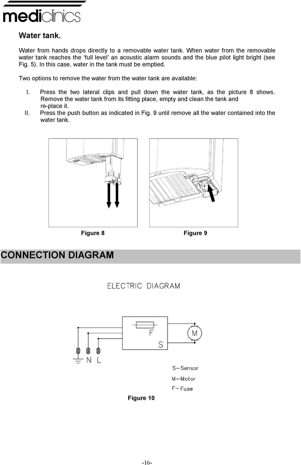 II Press the two lateral clips and pull down the water tank, as the picture 8 shows Remove the water tank from its fitting place, empty and clean the tank and