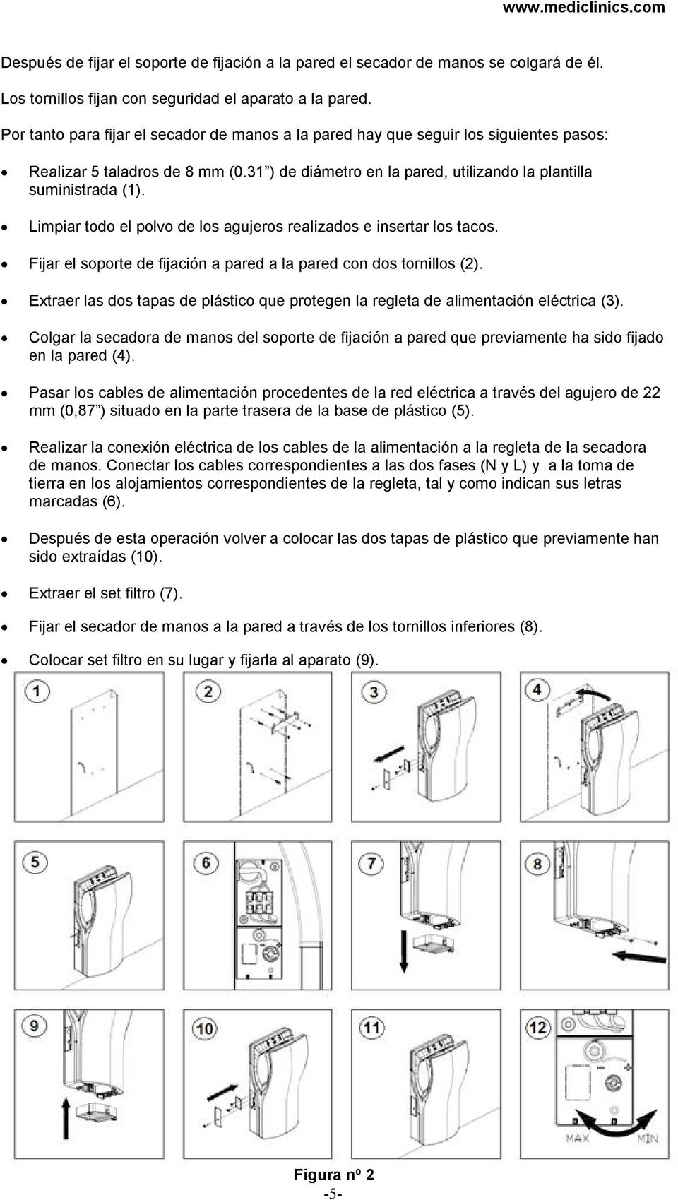 insertar los tacos Fijar el soporte de fijacin a pared a la pared con dos tornillos (2) Extraer las dos tapas de plstico que protegen la regleta de alimentacin elctrica (3) Colgar la secadora de