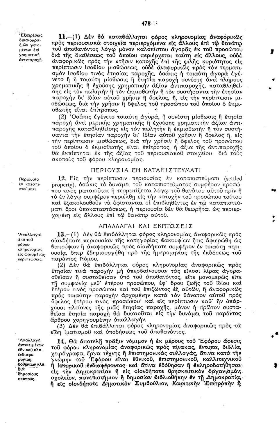 1. (1) Δέν θά καταβάλληται φόρος κληρονομίας αναφορικός προς περιουσιακά στοιχειά περιερχόμενα είς άλλους επί τω θανάτω του* αποθανόντος λόγω μόνον καλόπιστου αγοράς έκ τοο προσώπου διά της διαθέσεως