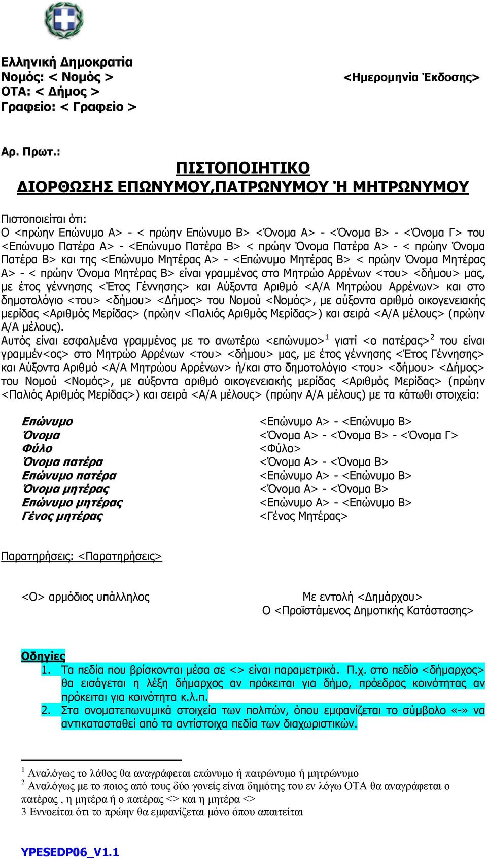 πρώην Όνοµα Πατέρα Α> - < πρώην Όνοµα Πατέρα Β> και της <Επώνυµο Μητέρας Α> - <Επώνυµο Μητέρας Β> < πρώην Όνοµα Μητέρας Α> - < πρώην Όνοµα Μητέρας Β> είναι γραµµένος στο Μητρώο Αρρένων <του> <δήµου>